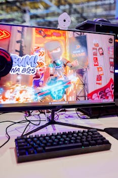 A dynamic gaming setup featuring a vibrant action scene on monitor with keyboard and gaming decor.