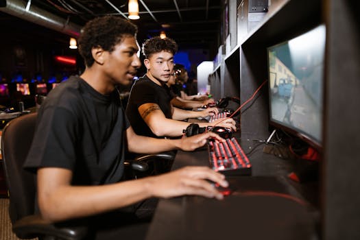 Group of young adults enjoying a competitive gaming session on computers indoors.